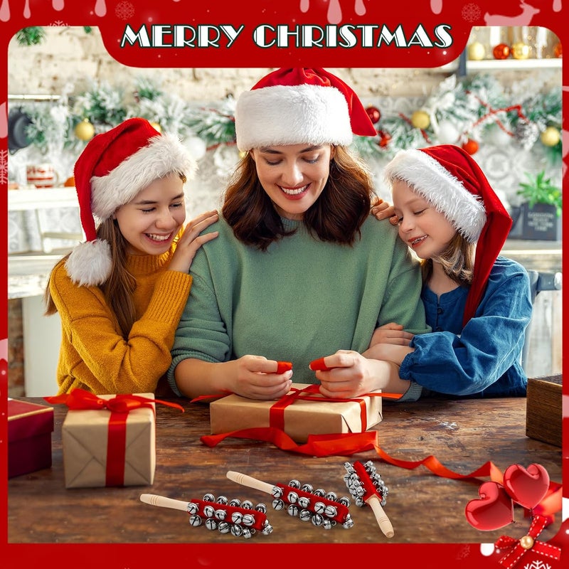 Kidum 4 Pcs Christmas Sleigh Bells Wooden Handle Jingle Bells Instrument Musical Hand Bell Shaker Rattle Musical Percussion Instrument for Xmas Holiday Party (Red) - Image 4